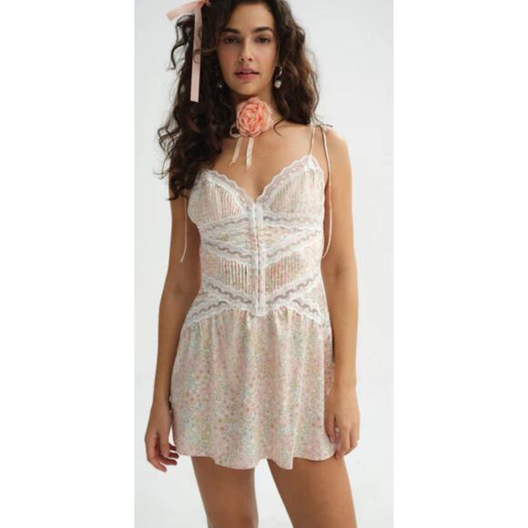 For Love & Lemons Farrah Slip Mini Dress Floral Pin-tuck Lace Trim Romantic L - Picture 1 of 14